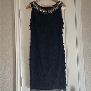 M & Co Embellished Neckline Black Ruffle Shift Dress UK Size 14